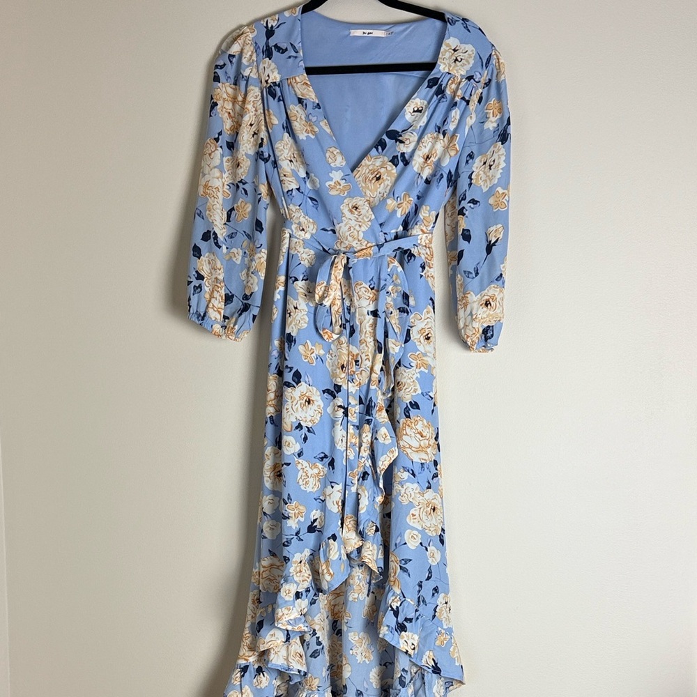 Mi Ami Women's Blue Yellow Floral Wrap Hi Low Midi Dress Size M